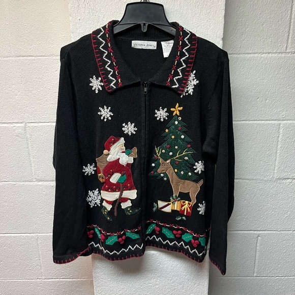 Vintage Black Christmas Sweater with Santa and Reindeer - Picture 1 of 4